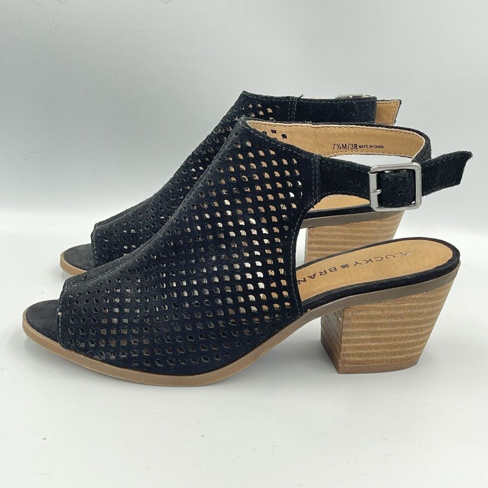 Lucky Brand BERTEL Suede Leather Peep Toe Heeled Sandals Shoes Womens SIZE 7.5